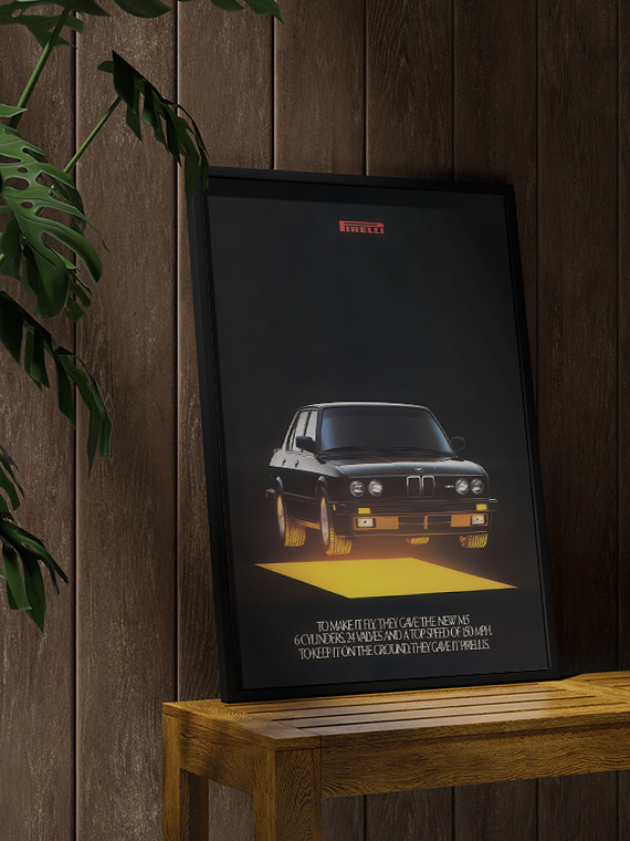aesthetic wooden frame mockup poster in the wooden interior with BMW M5 E28 Pirelli Винтажная реклама