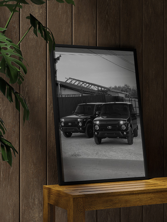 aesthetic wooden frame mockup poster in the wooden interior with Черные Нивы