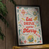 aesthetic wooden frame mockup poster in the wooden interior with Eat Drink and Be Marry