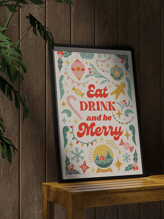 aesthetic wooden frame mockup poster in the wooden interior with Eat Drink and Be Marry