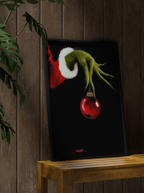 aesthetic wooden frame mockup poster in the wooden interior with Ёлочная игрушка Гринч
