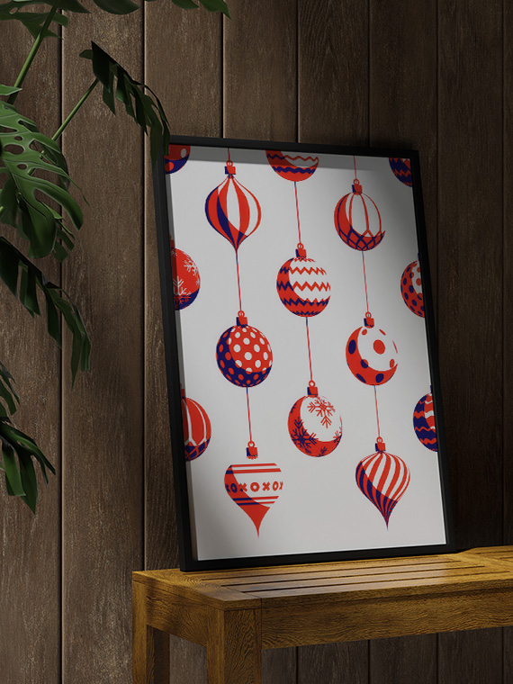 aesthetic wooden frame mockup poster in the wooden interior with Елочные игрушки