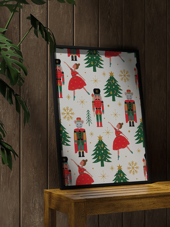 aesthetic wooden frame mockup poster in the wooden interior with Герои Щелкунчика