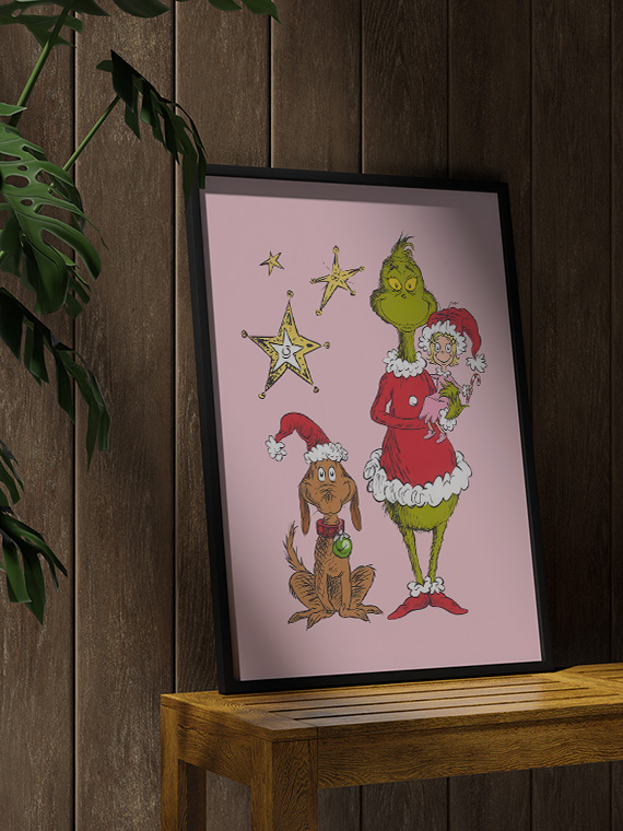 aesthetic wooden frame mockup poster in the wooden interior with Гринч, девочка и собака