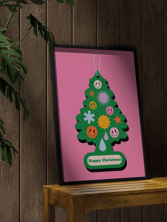 aesthetic wooden frame mockup poster in the wooden interior with Happy Christmas