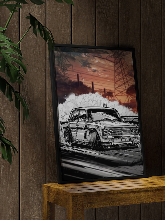 aesthetic wooden frame mockup poster in the wooden interior with ВАЗ 2106 Дрифт