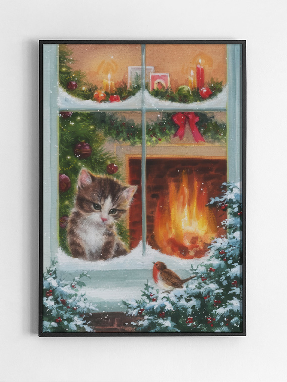 Котёнок, камин и птичка