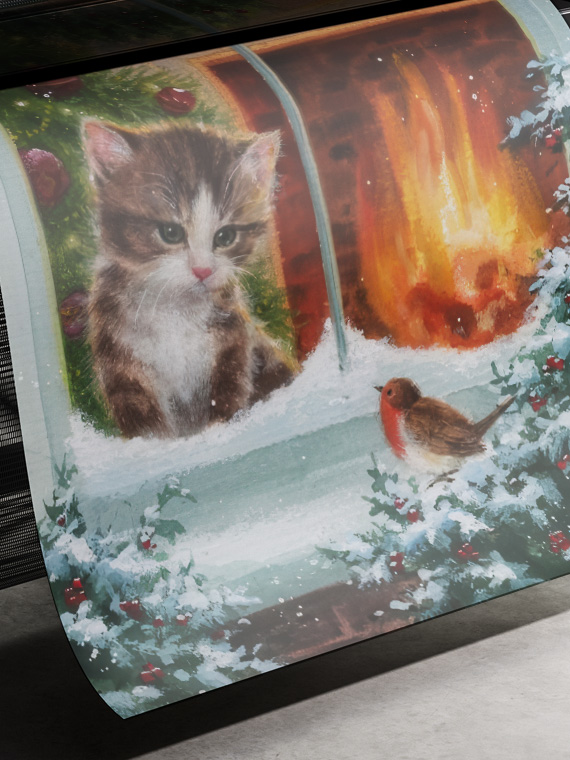 Котёнок, камин и птичка