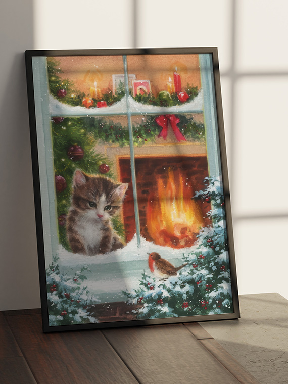 Котёнок, камин и птичка