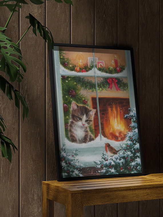 Котёнок, камин и птичка