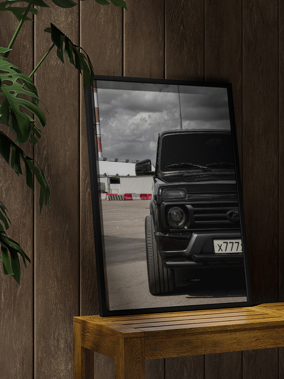 aesthetic wooden frame mockup poster in the wooden interior with Лада Нива 777
