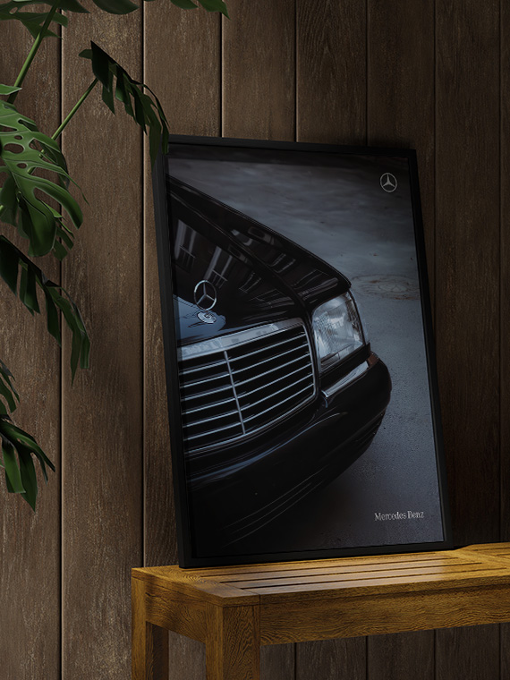 aesthetic wooden frame mockup poster in the wooden interior with Mercedes-Benz W140 Кабан