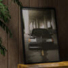 aesthetic wooden frame mockup poster in the wooden interior with Мерседес W124 Волчок
