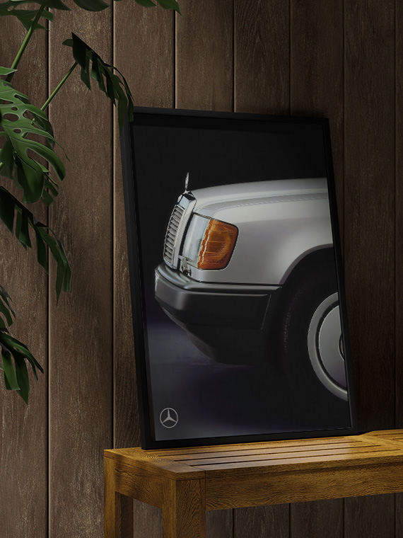 aesthetic wooden frame mockup poster in the wooden interior with Mercedes-Benz W124 Волчок, ретро