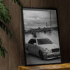 aesthetic wooden frame mockup poster in the wooden interior with Мерседес W210 Дрифт
