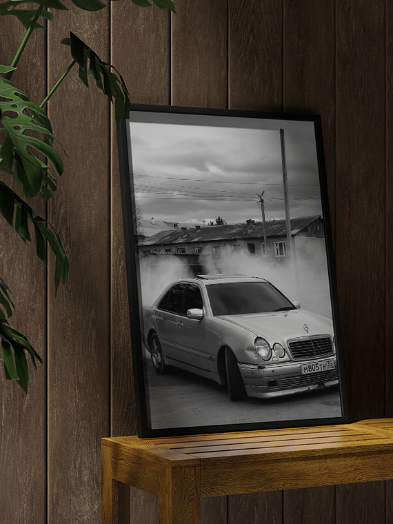aesthetic wooden frame mockup poster in the wooden interior with Мерседес W210 Дрифт