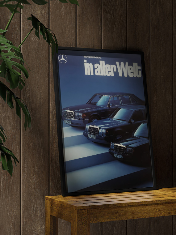 aesthetic wooden frame mockup poster in the wooden interior with Мерседес W126, W124, 190