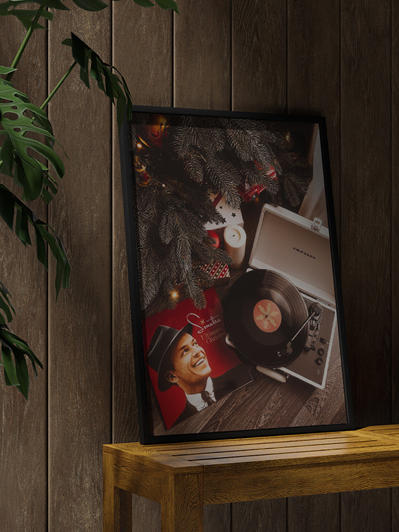 aesthetic wooden frame mockup poster in the wooden interior with Новогодний Френк Синатра