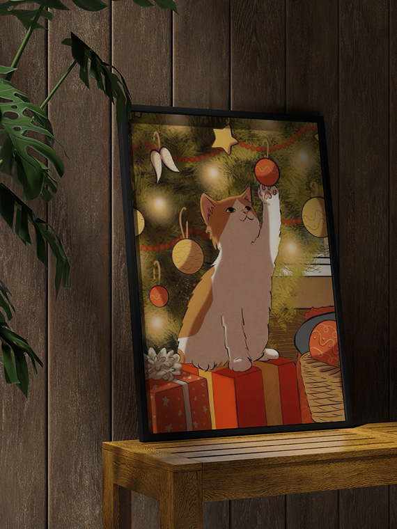 aesthetic wooden frame mockup poster in the wooden interior with Новогодний котик