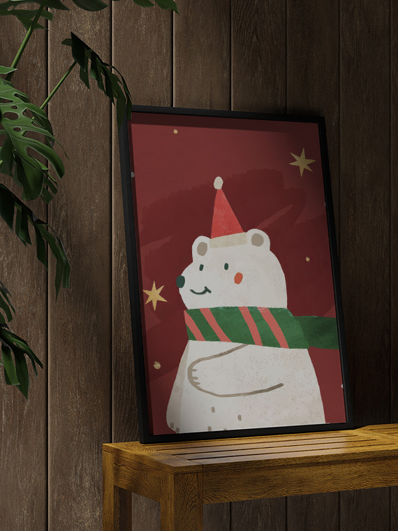 aesthetic wooden frame mockup poster in the wooden interior with Новогодний медвежонок
