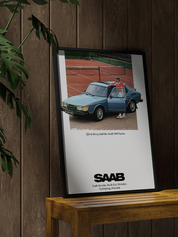 aesthetic wooden frame mockup poster in the wooden interior with Saab 900 Turbo