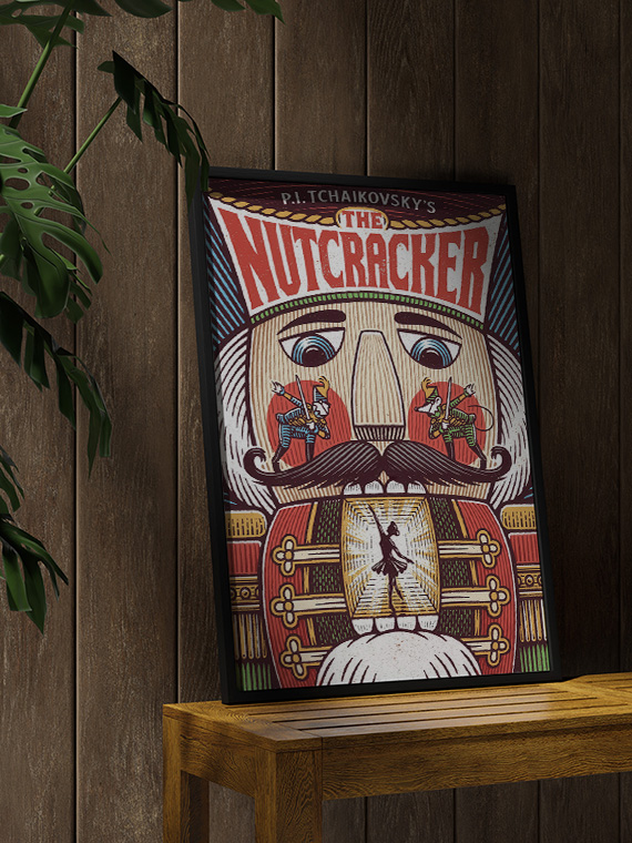 aesthetic wooden frame mockup poster in the wooden interior with Щелкунчик Чайковского, Афиша