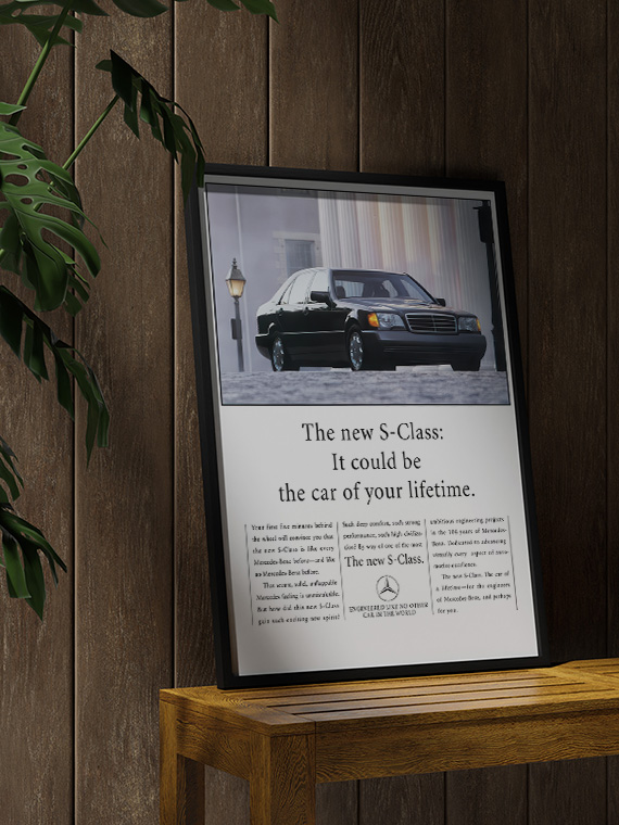 aesthetic wooden frame mockup poster in the wooden interior with Mercedes-Benz S-Klasse W140, Винтажная реклама