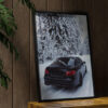 aesthetic wooden frame mockup poster in the wooden interior with Mercedes-AMG E63, Зимний