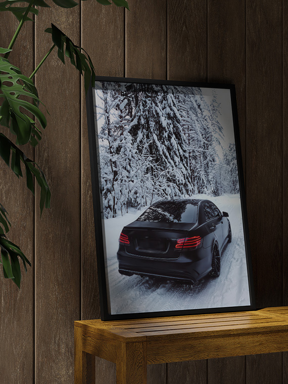 aesthetic wooden frame mockup poster in the wooden interior with Mercedes-AMG E63, Зимний