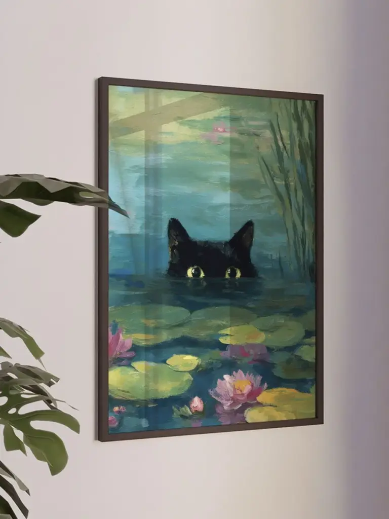 Черный кот в пруду