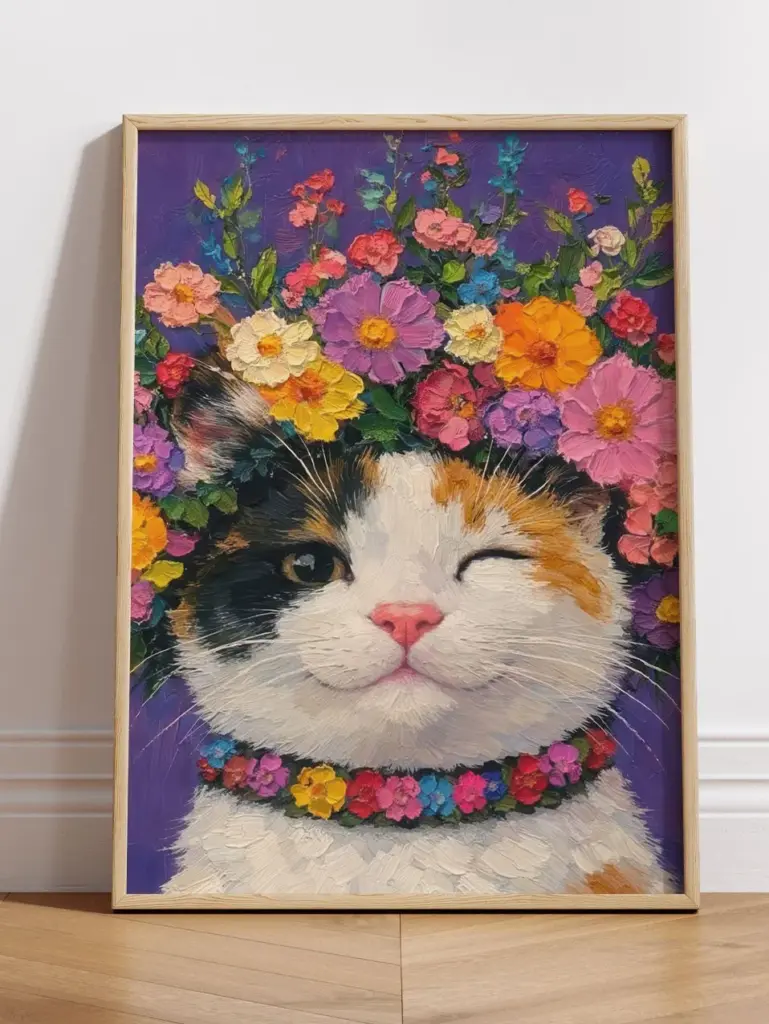 Картина маслом цветочный кот
