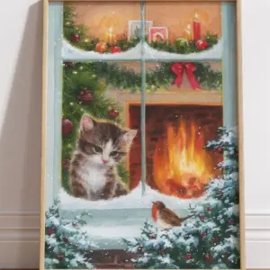 Котёнок в окне и камин